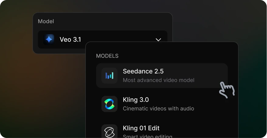 Model menu showing Seedance and other AI video models in Spira