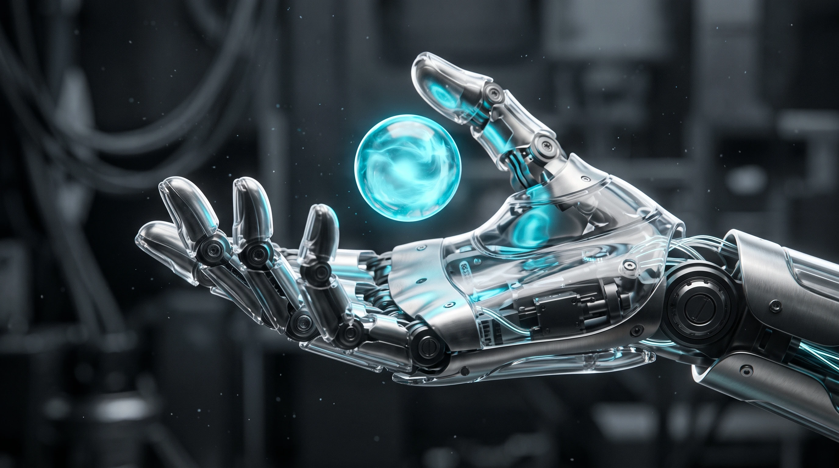 Transparent structures and cool light bring a robotic hand into focus.