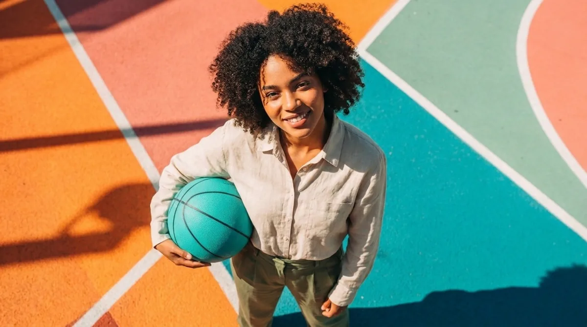 Bright campaign-ready portrait of a woman holding a blue basketball